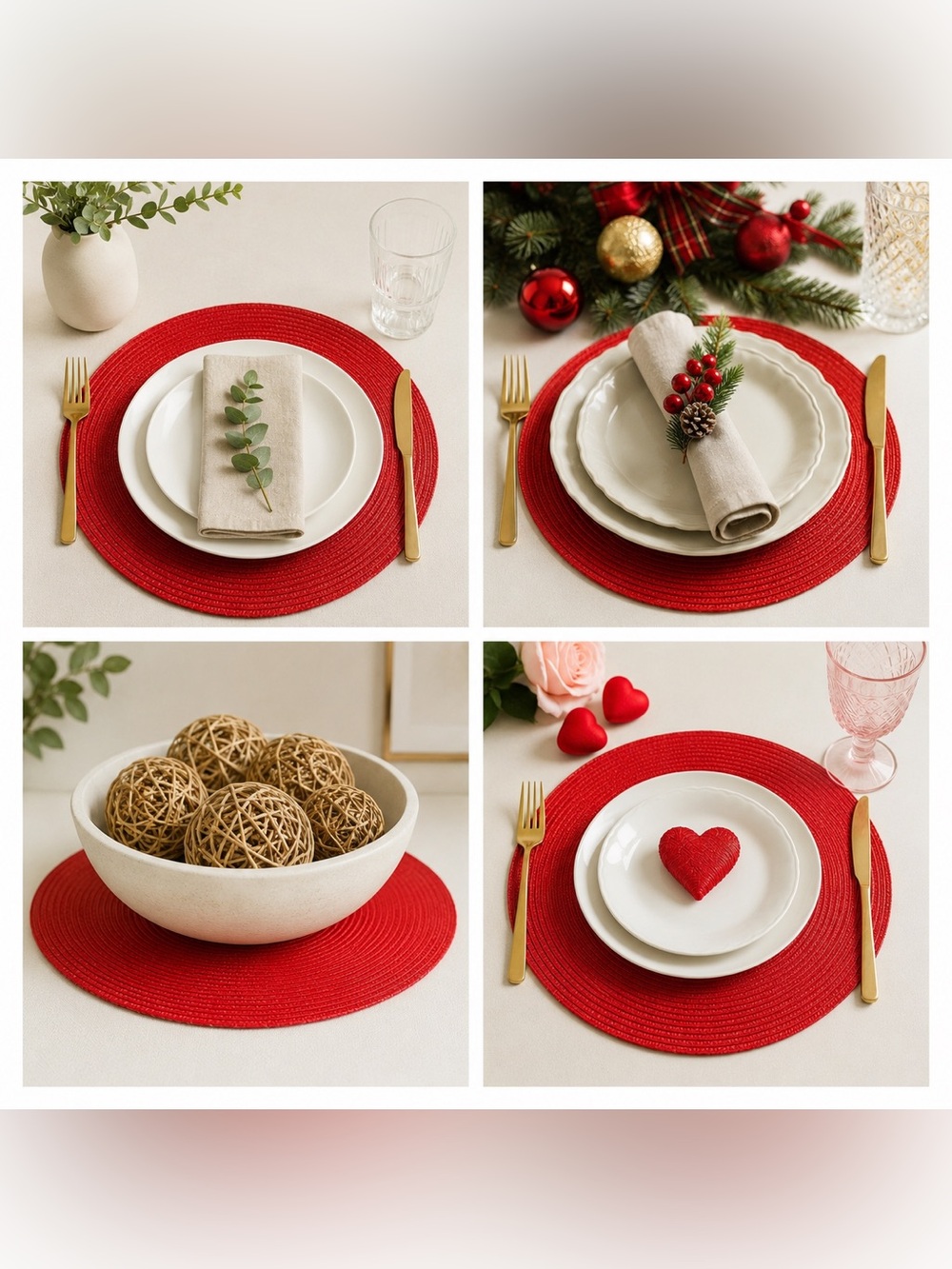 Set of 2 Red Round Woven Placemats Table Decor Dining Accent